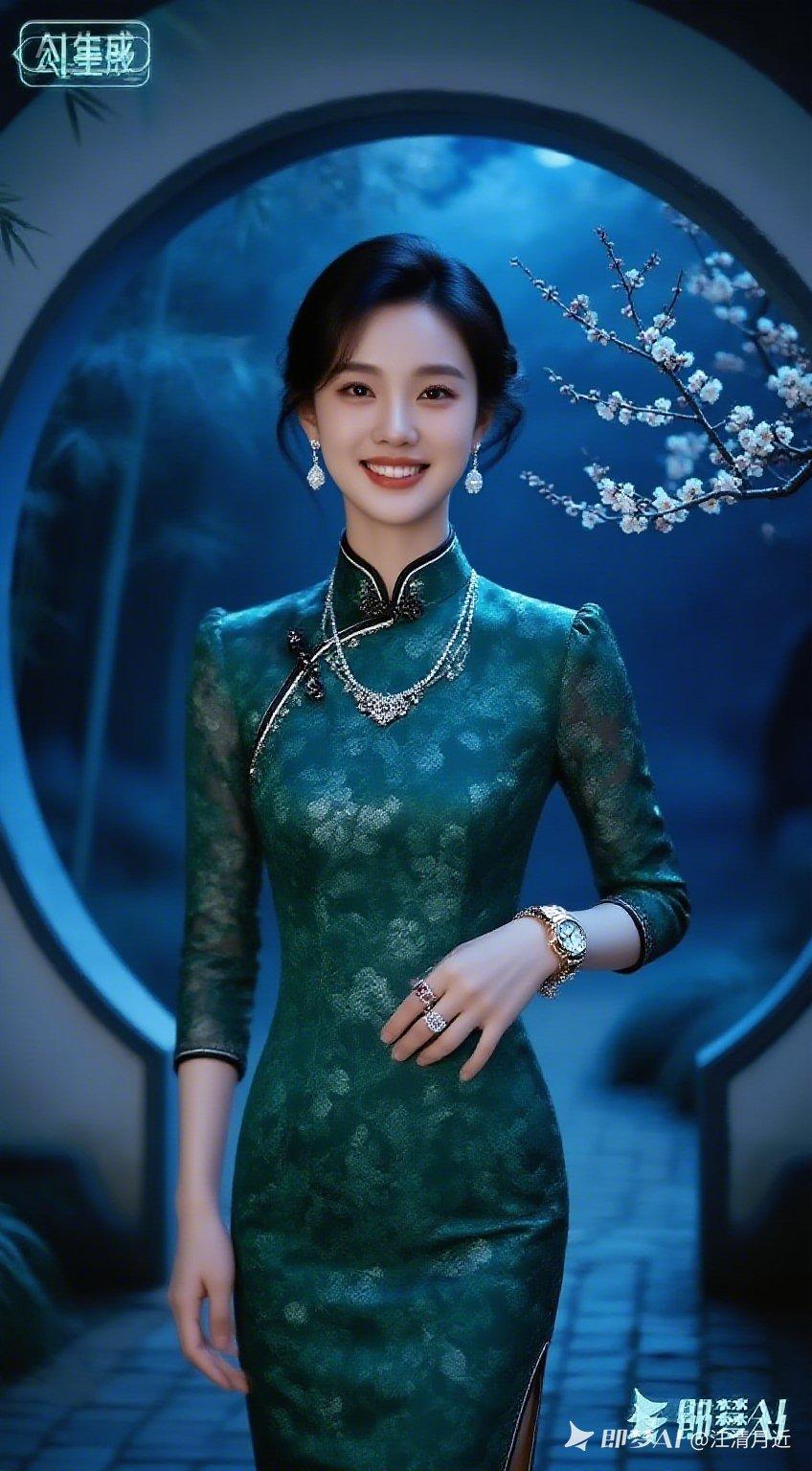 这位女士穿着绿色旗袍，微笑着站在花前。