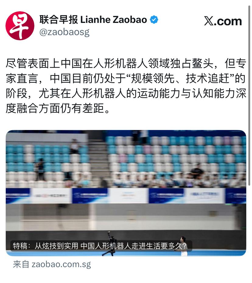 联合早报报道：尽管表面上中国在人形机器人领域独占鳌头，但专家直言，中国目前仍处于
