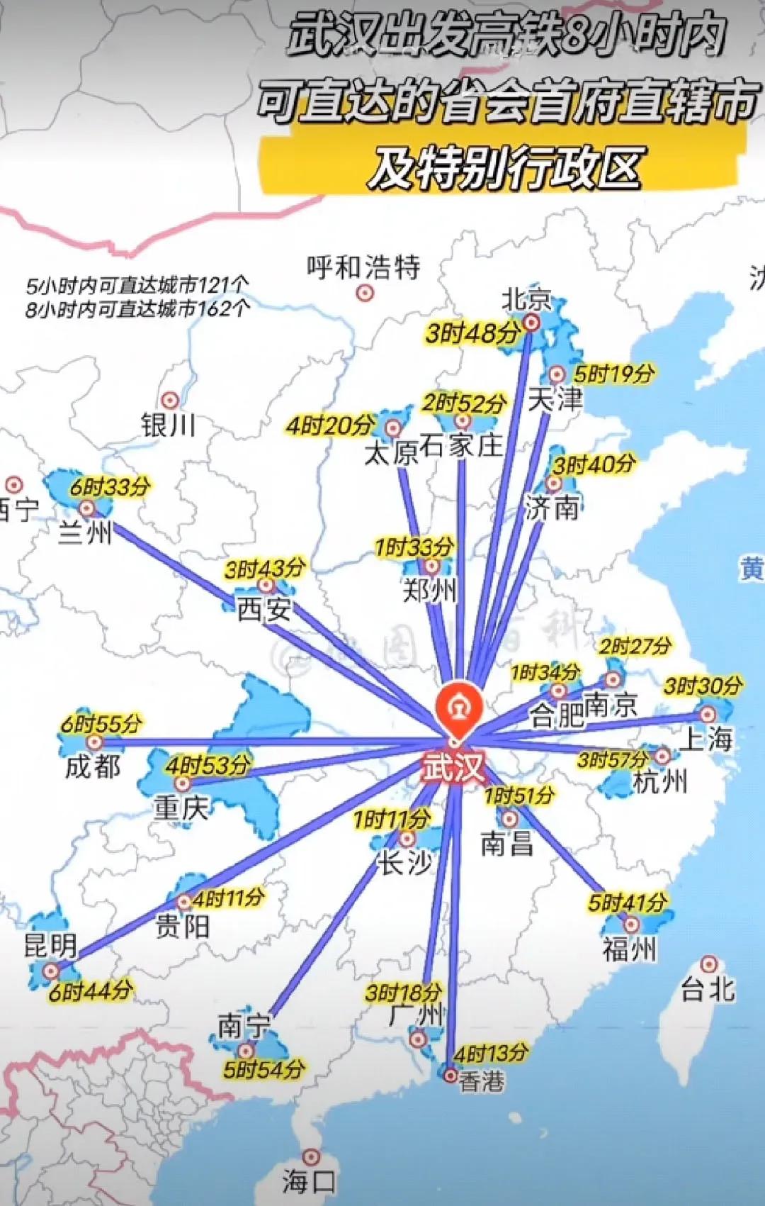 乘坐高铁从武汉出发，到达各省会城市、直辖市所需时间一览图。值得收藏。