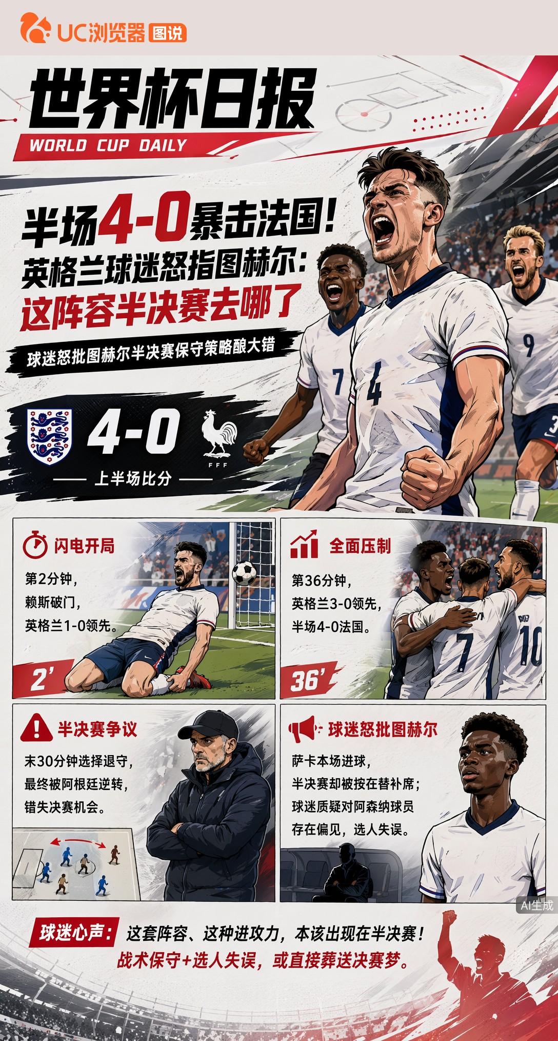 半场4-0暴击法国！英格兰球迷怒指图赫尔：这阵容半决赛去哪了
