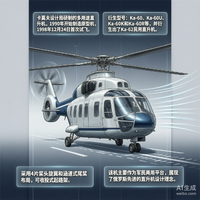军事ai新视野苏联/俄罗斯Ka-60“逆戟鲸”直升机机身长度：15.6米机身高