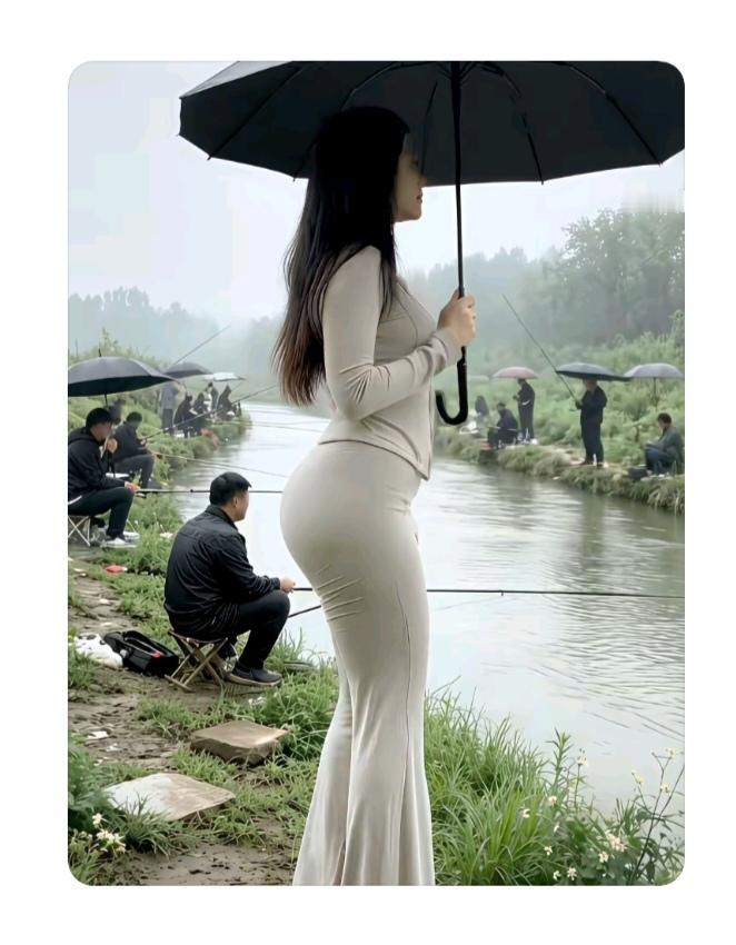 〔美景欣赏〕河边景色真不错；老翁河边在垂钓；悠闲自在真潇洒；美女手打小雨