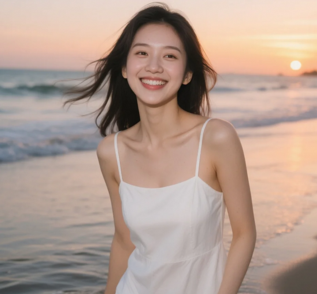 她用白裙装点海滩，用笑容点燃整个黄昏