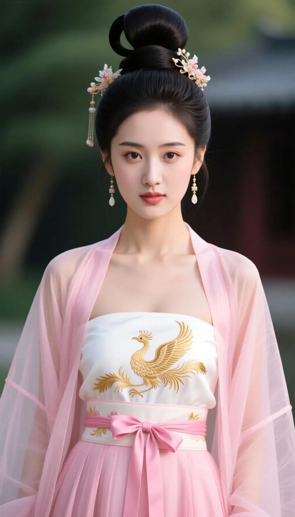 古装美人，金鸡报喜，粉色纱裙飘逸，古典韵味十足！