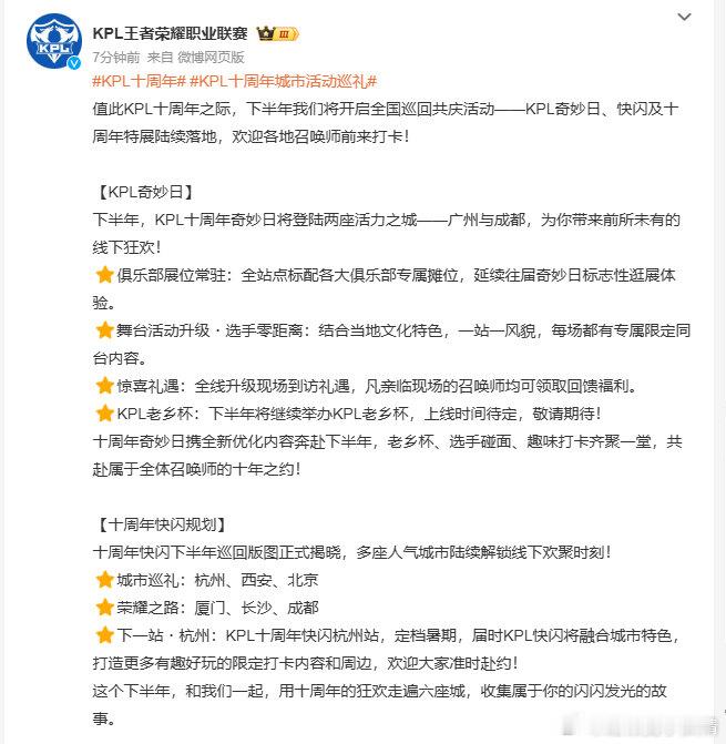 KPLKPL十周年城市活动巡礼KPL十周年城市活动巡礼，羡慕可以参加的小伙伴。