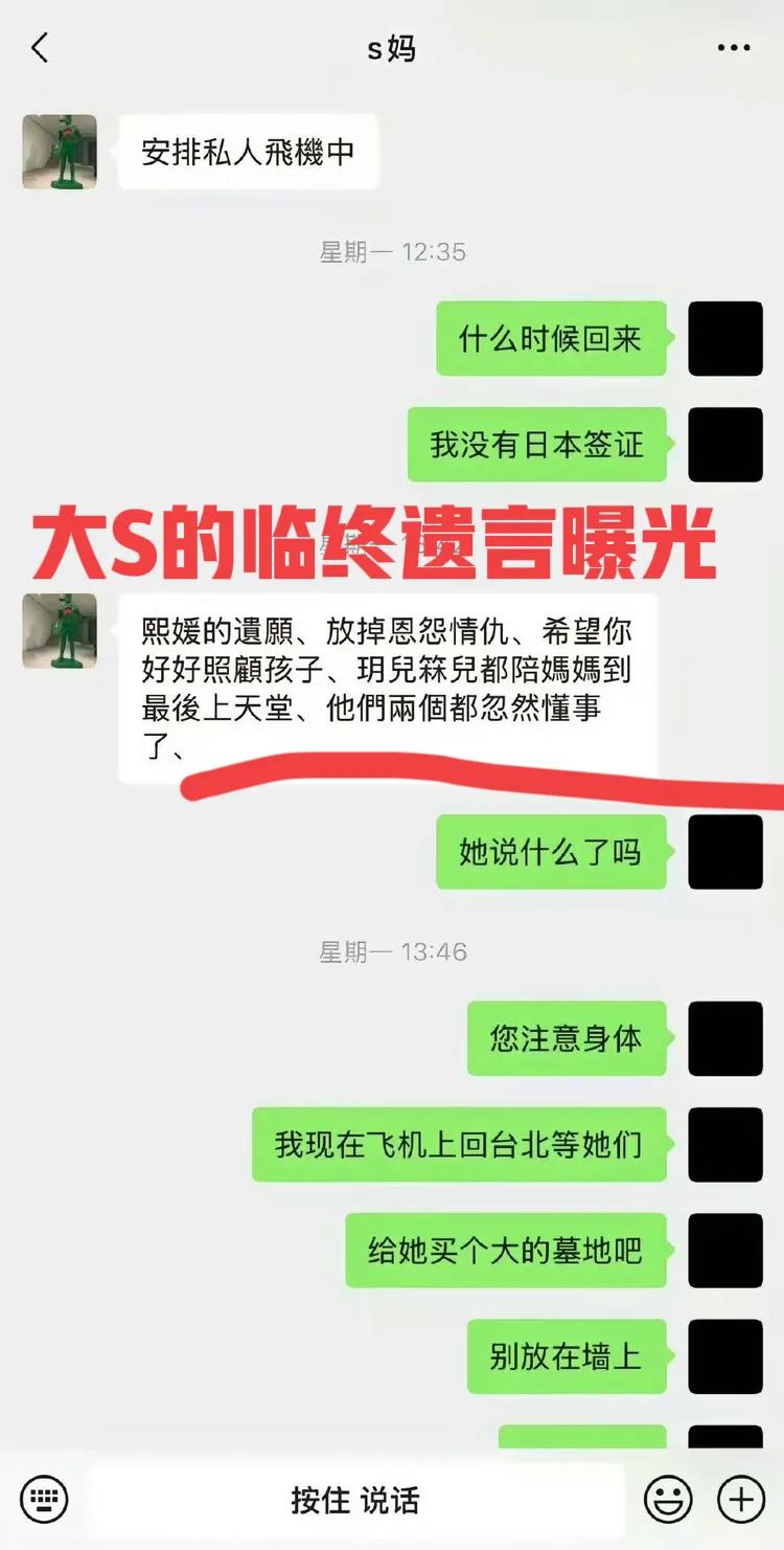 葛斯齐曝光了汪小菲和S妈的聊天记录，曝出了大S临终的遗愿，这聊天记录内容，也太让