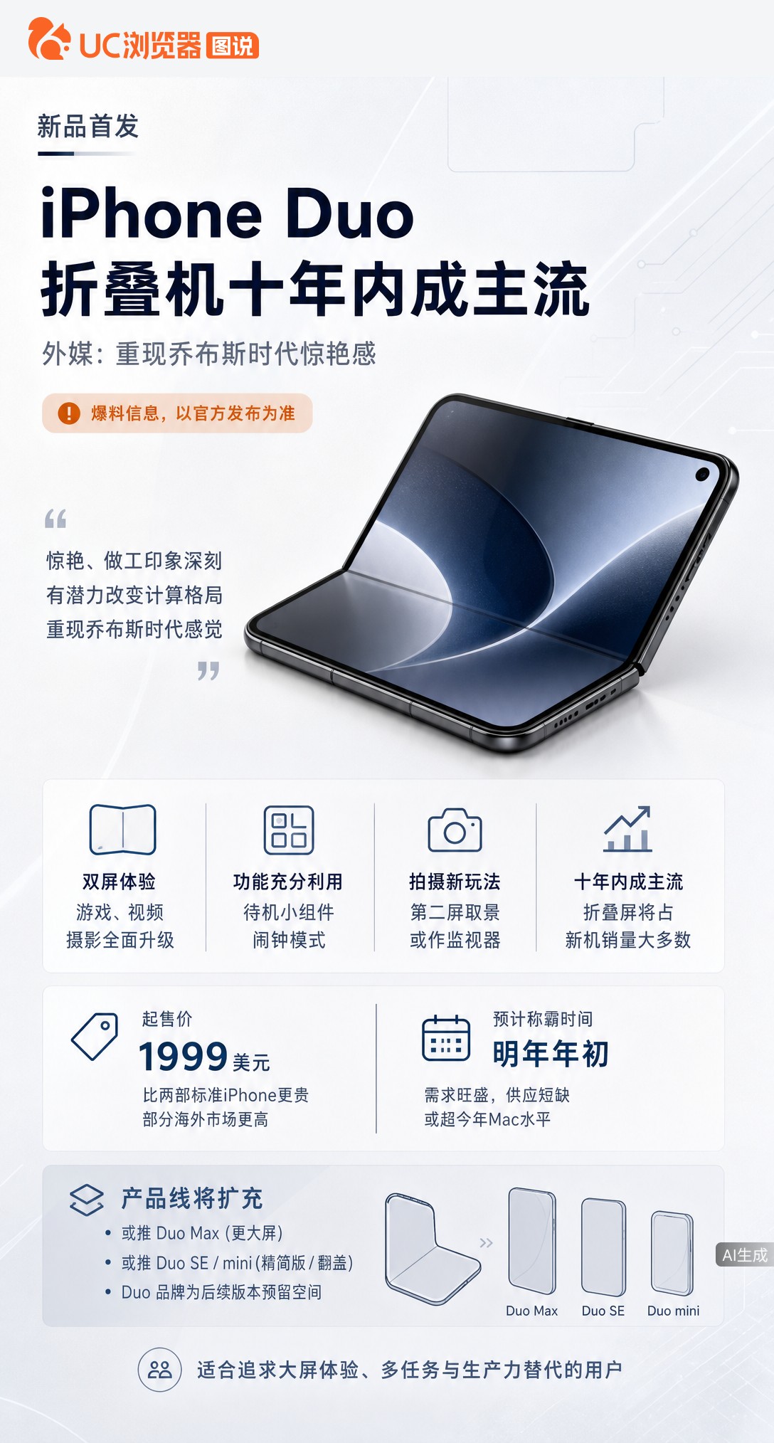 古尔曼曝iPhoneDuo起售价1999美元，惊艳感堪比乔布斯时代。虽贵到顶两部iPhone，但苹果