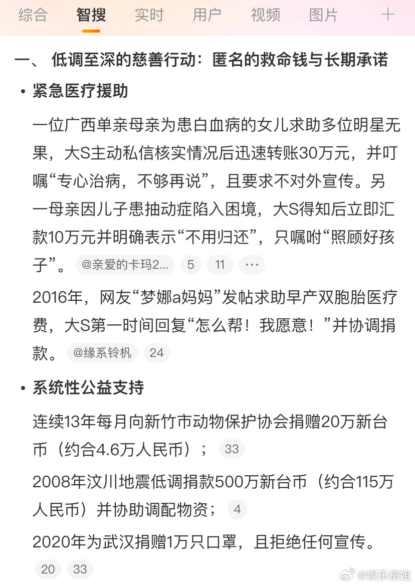 大S你私下到底做了多少好事大S长期低调参与公益。多次匿名捐款帮助困境儿童、白血病