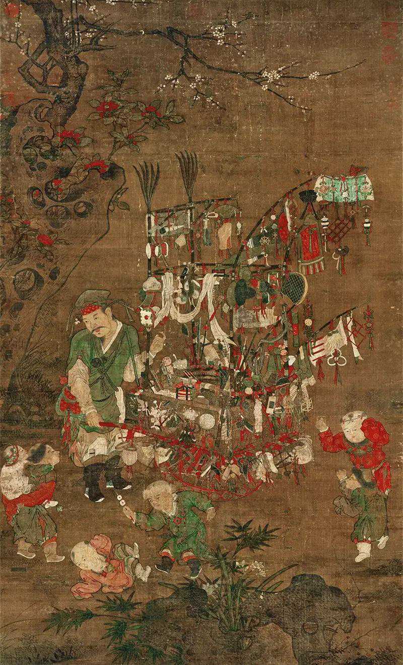 明佚名《货郎图》。明代宫廷将货郎图列为节令画，四季屏风拼接出人造的烟火人间。不