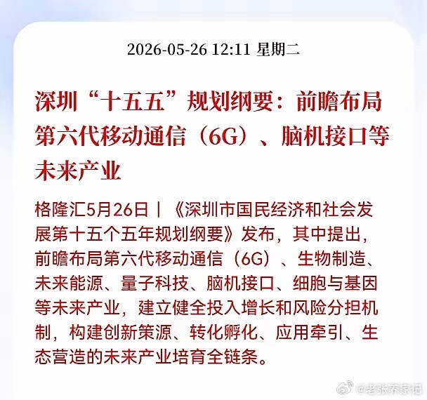 重大利好！6G+脑机接口直接站上风口！深圳“十五五”规划纲要正式发布，明确前瞻布