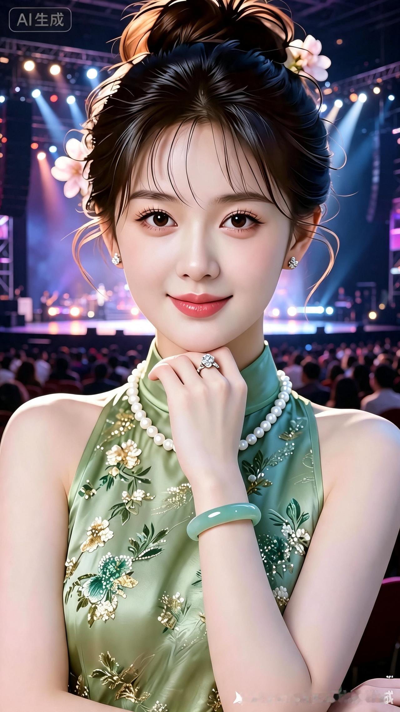旗袍美女′（打油诗，留句邀大家续写）花枝斜倚鬓边柔，浅绿旗袍韵自悠。珠串绕