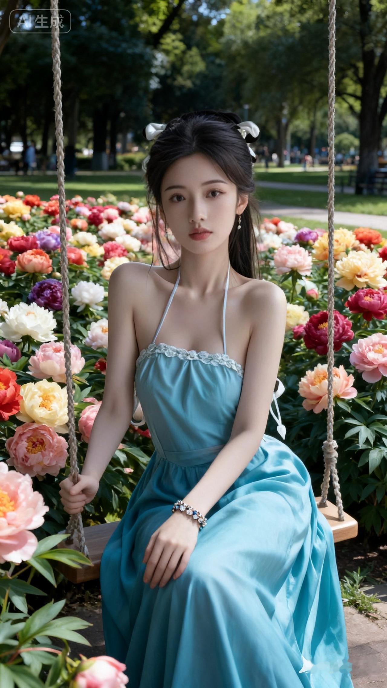 一个穿蓝裙的女孩坐在花丛前的秋千上。