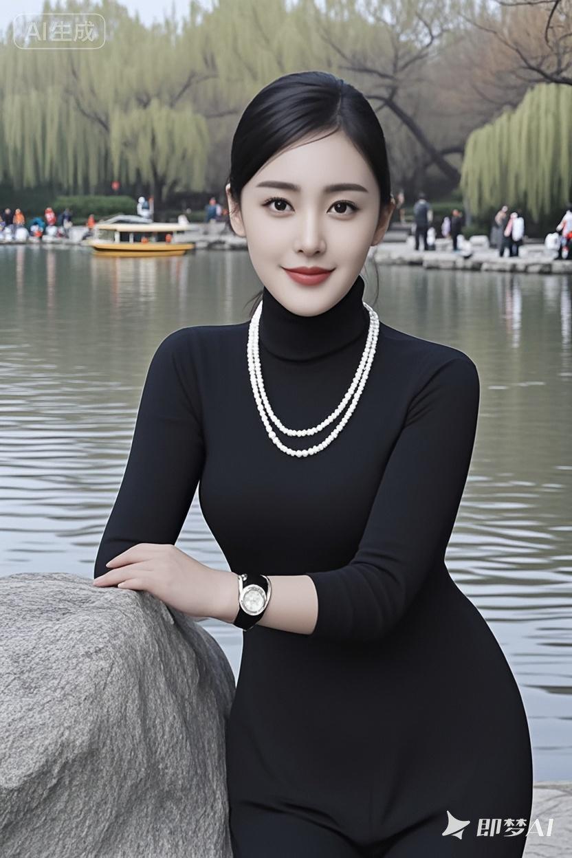 优雅黑裙与珍珠项链的完美搭配，尽显气质与魅力！