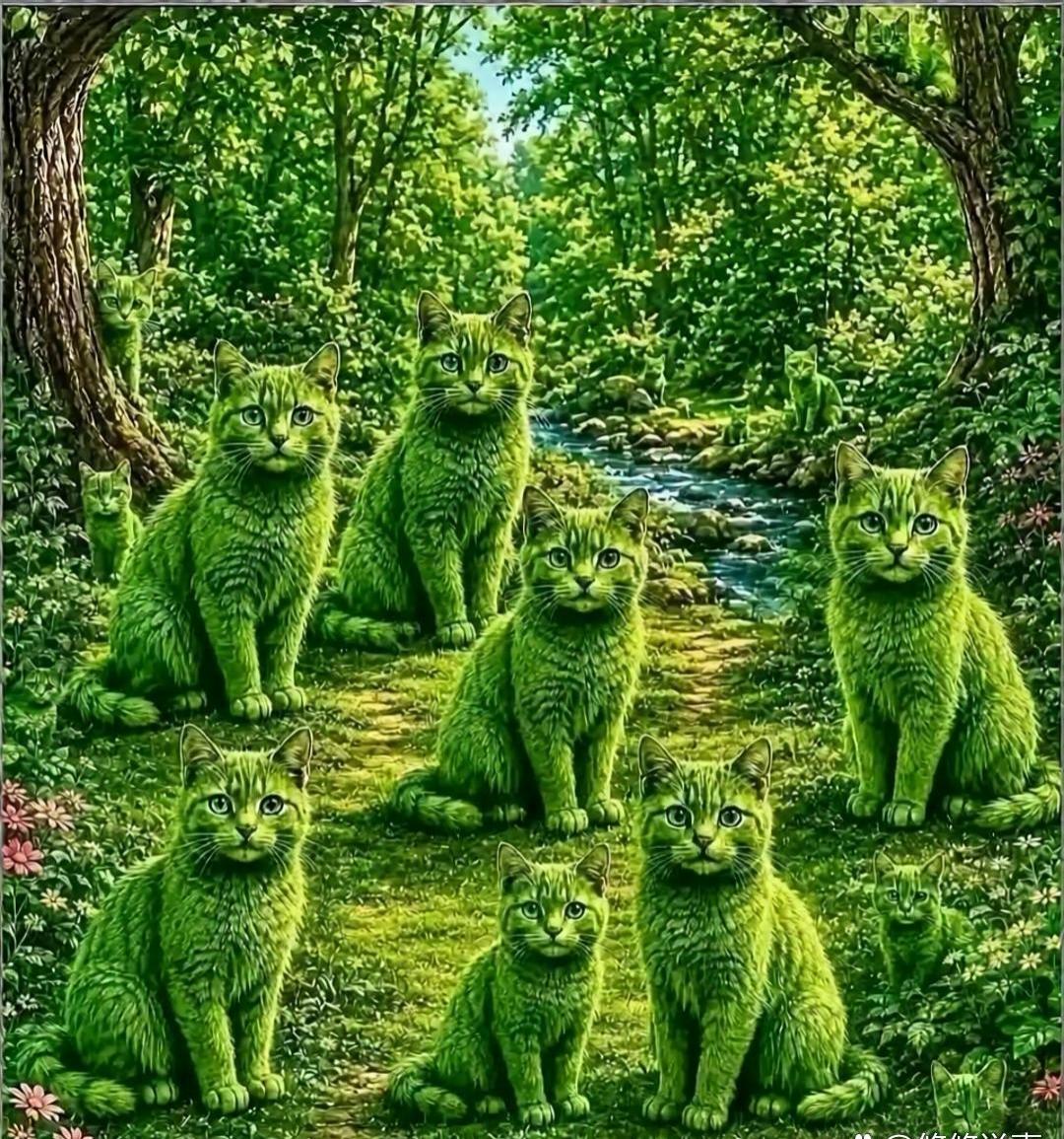 眼力挑战！一眼以为7只猫，越数越多第一眼扫过去，画面里看着就7只绿猫，本以