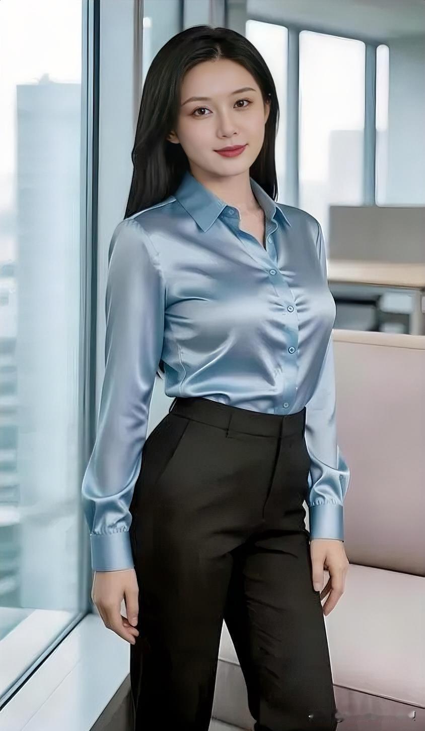 冰蓝缎面衬衫配黑色西裤，光泽流转间尽显知性优雅，于落地窗前静立，自信从容，诠释都