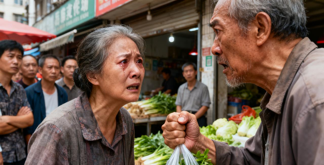 今天我在路上看到一个老太太和一个老头在吵架，俩人站在菜市场门口，围着一圈吃瓜的，