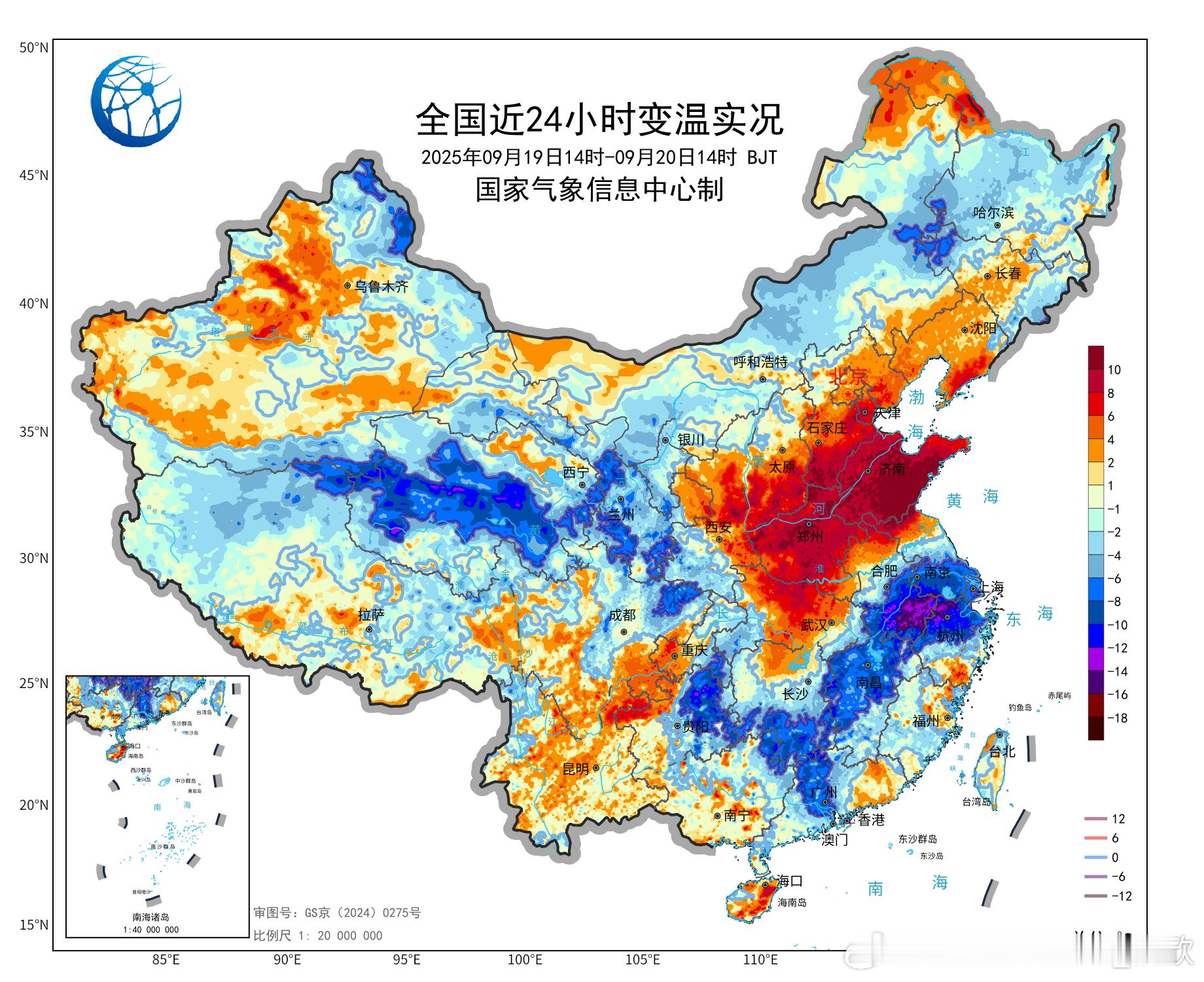 【气温】今天下午对比昨天下午，安徽南部和浙江北部，因为阴雨+冷空气降温，降温8-