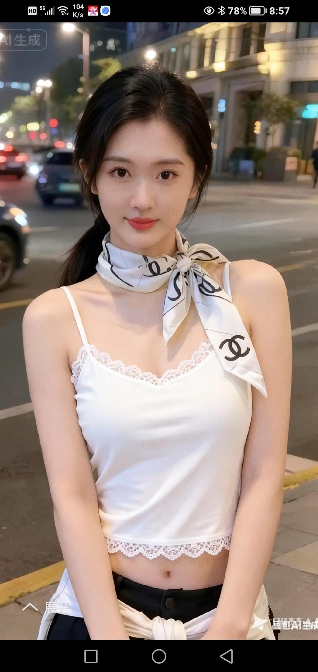 夜晚街拍，时尚少女穿搭，白色蕾丝背心搭配黑白丝巾，气质满分！🌃👗💄