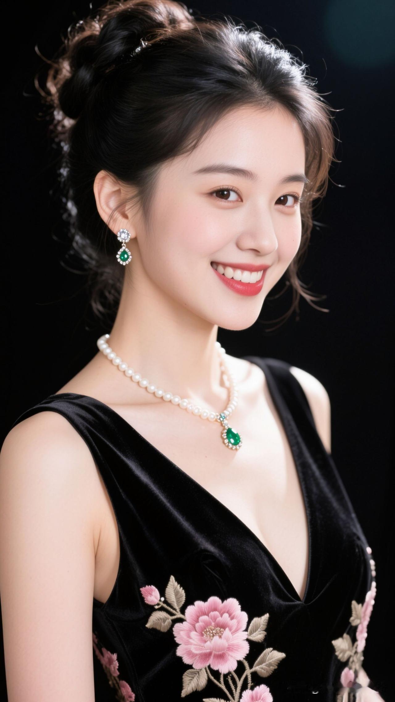 ✨墨色裙裾驮着古典的韵，珠链与绿石坠着时光的柔，当粉花与笑涡对映，整个优雅都淌