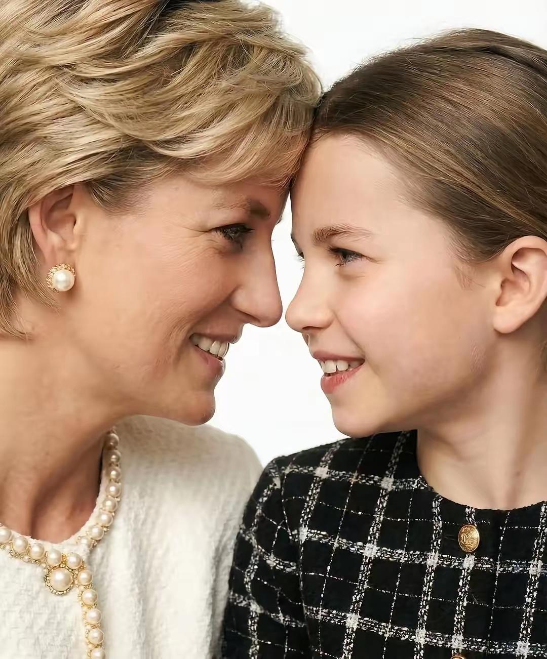 又来一组黛安娜王妃和夏洛特还有莉莉贝特的Al照片，祖孙三人对着镜头开心的笑着。威