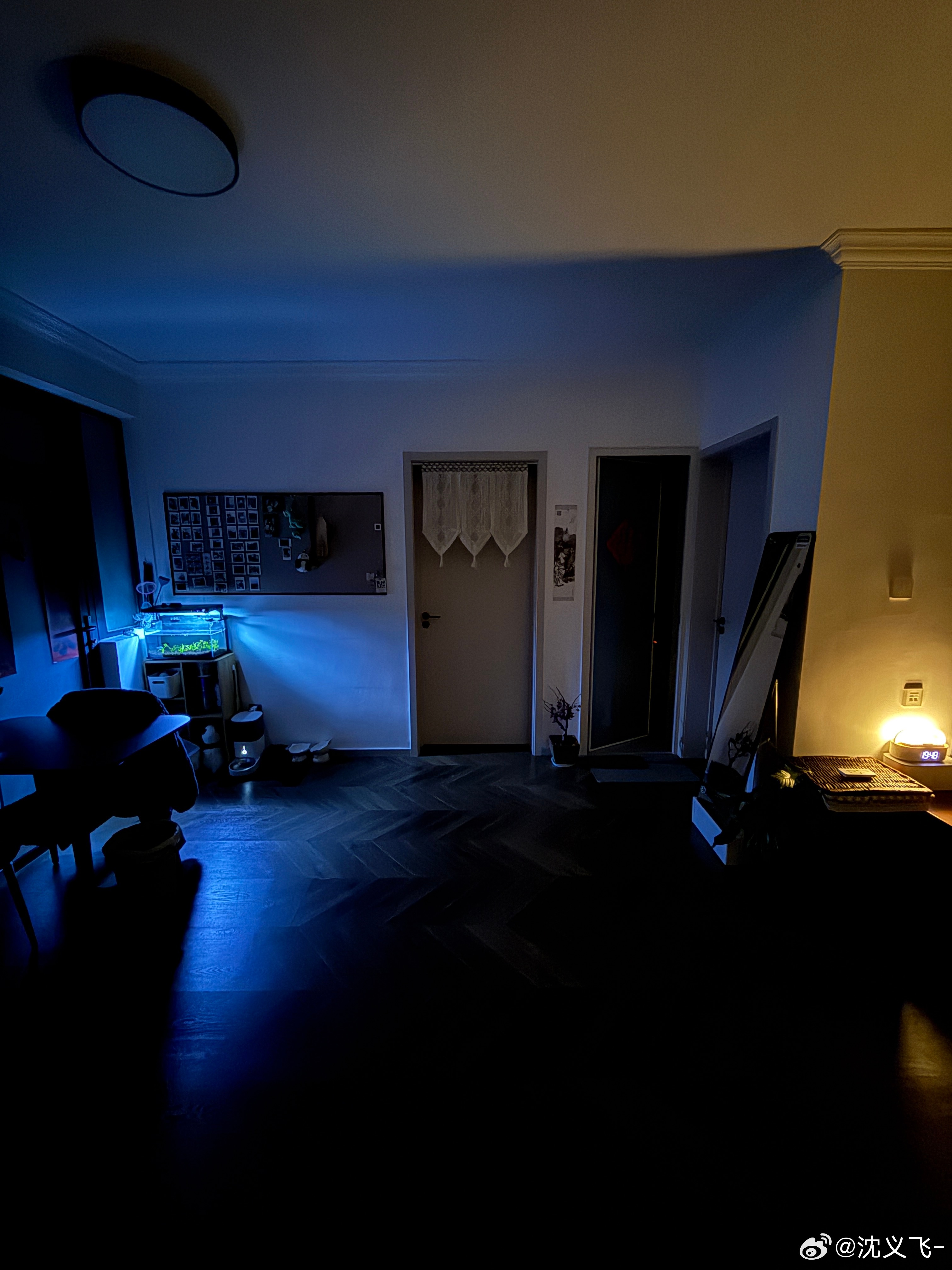 我家小米鱼缸最近灯光定时是溪流光，晚上一进家门，冷暖交替的氛围灯老刺激了。关键是