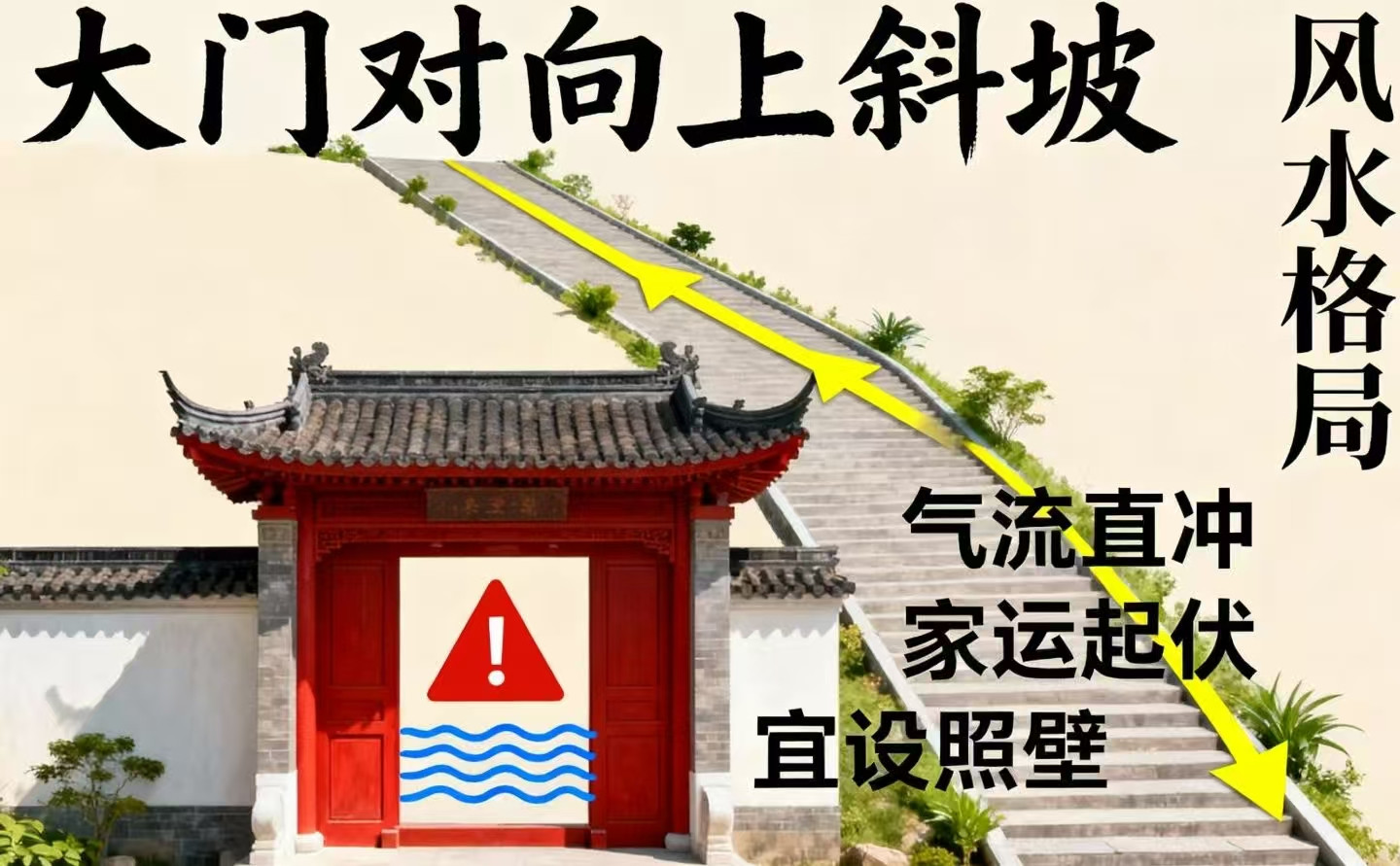 房屋建在斜坡尽头，大门面对斜坡，形势险恶。在风水学来说，斜坡是“水”，虽说是水为