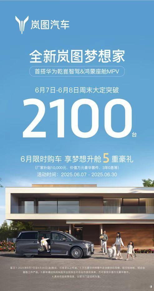 岚图梦想家周末两天官宣新增大定2100台。6号发政策后刺激很明显，原本在摇摆的客