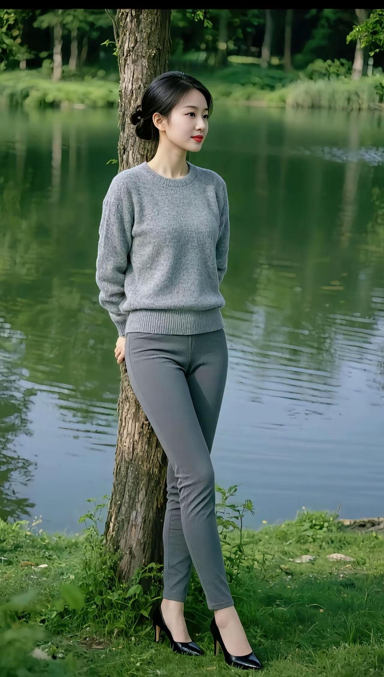 这位女士靠在湖边的树上，穿着休闲。