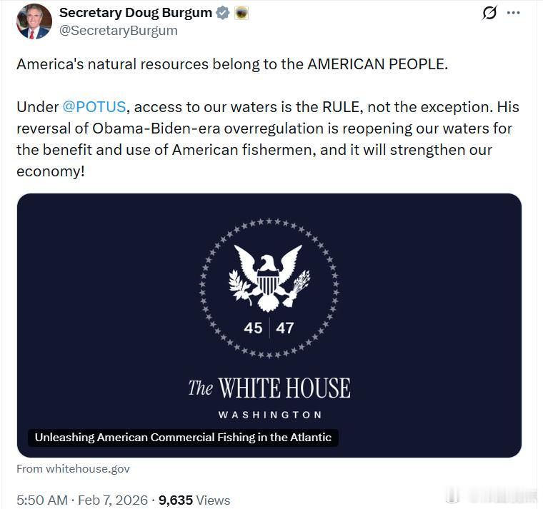 美国内政及能源委员会主席道格·伯格姆：美国的自然资源属于美国人民。在特朗普总统的