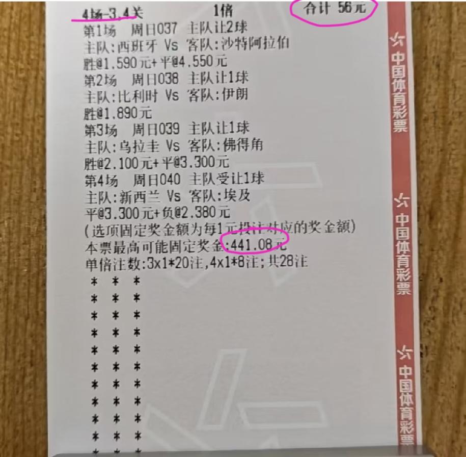 这张“4场－3、4关”的票怎么赔率这么低，买了56块，怎么最高的奖金就只有400
