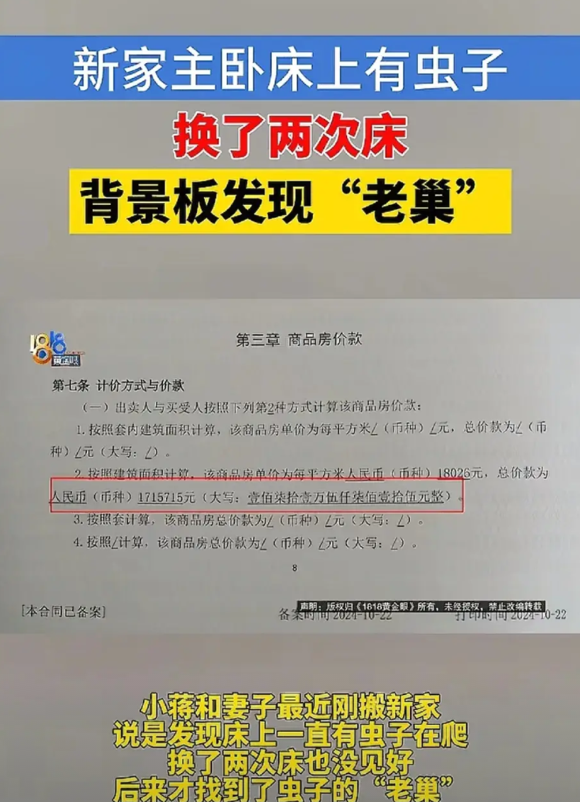 浙江嘉兴，夫妻花171万买套精装房，住进去没俩月发现满床虫子，起初以为是床的问题
