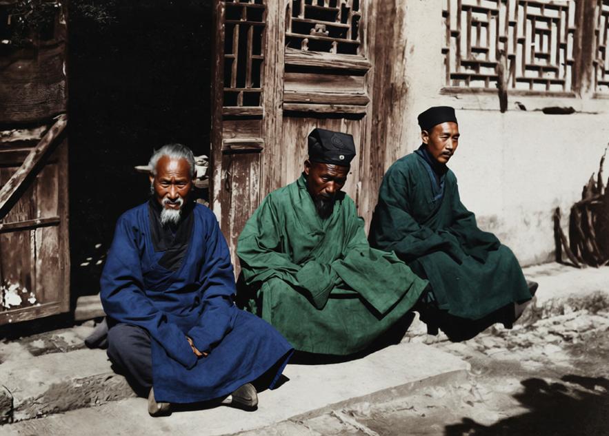这张照片拍摄于1937年7月前后，北京白云观门前三位全真道士。三人端坐于观门门槛