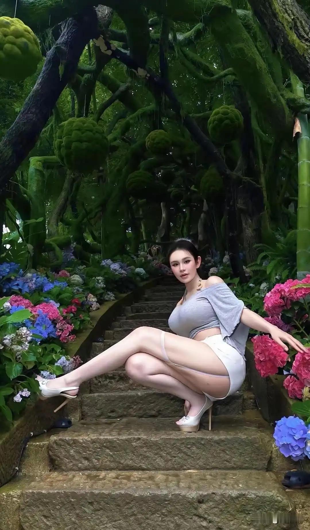 哇！单脚支撑蹲在石阶上，身材曲线格外吸睛，画面高级又养眼。这身材状态，