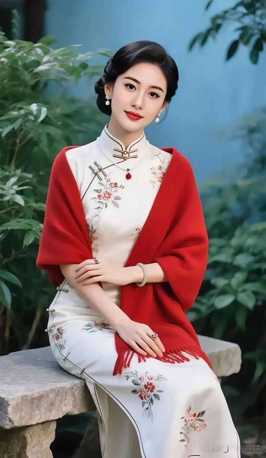 旗袍雅致衬娇容，红色披风显风情。眉似春山寒远黛，眸若秋水映繁星。