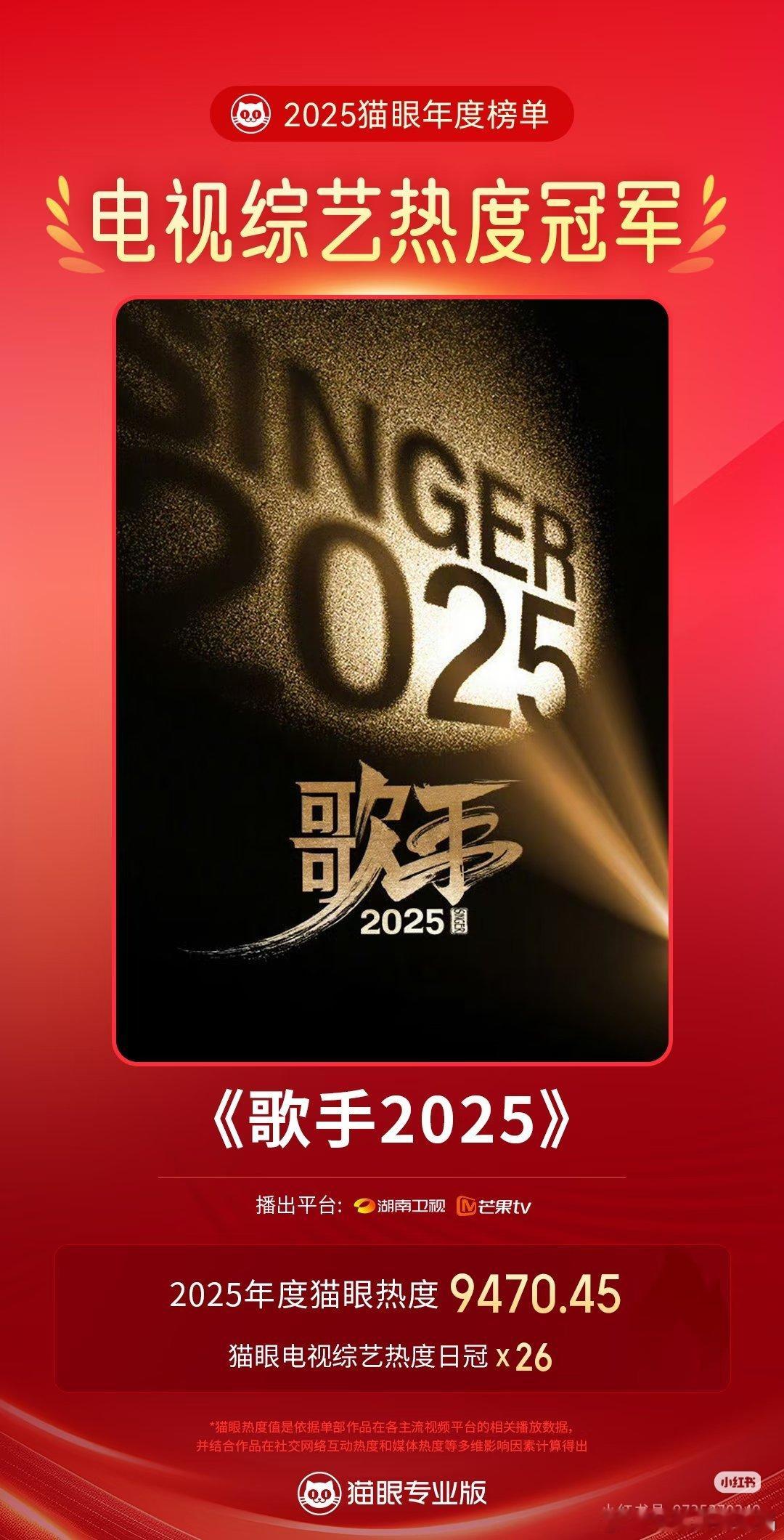 《歌手2025》年度最热电视综艺据猫眼专业版数据，综艺《歌手2025》2025年