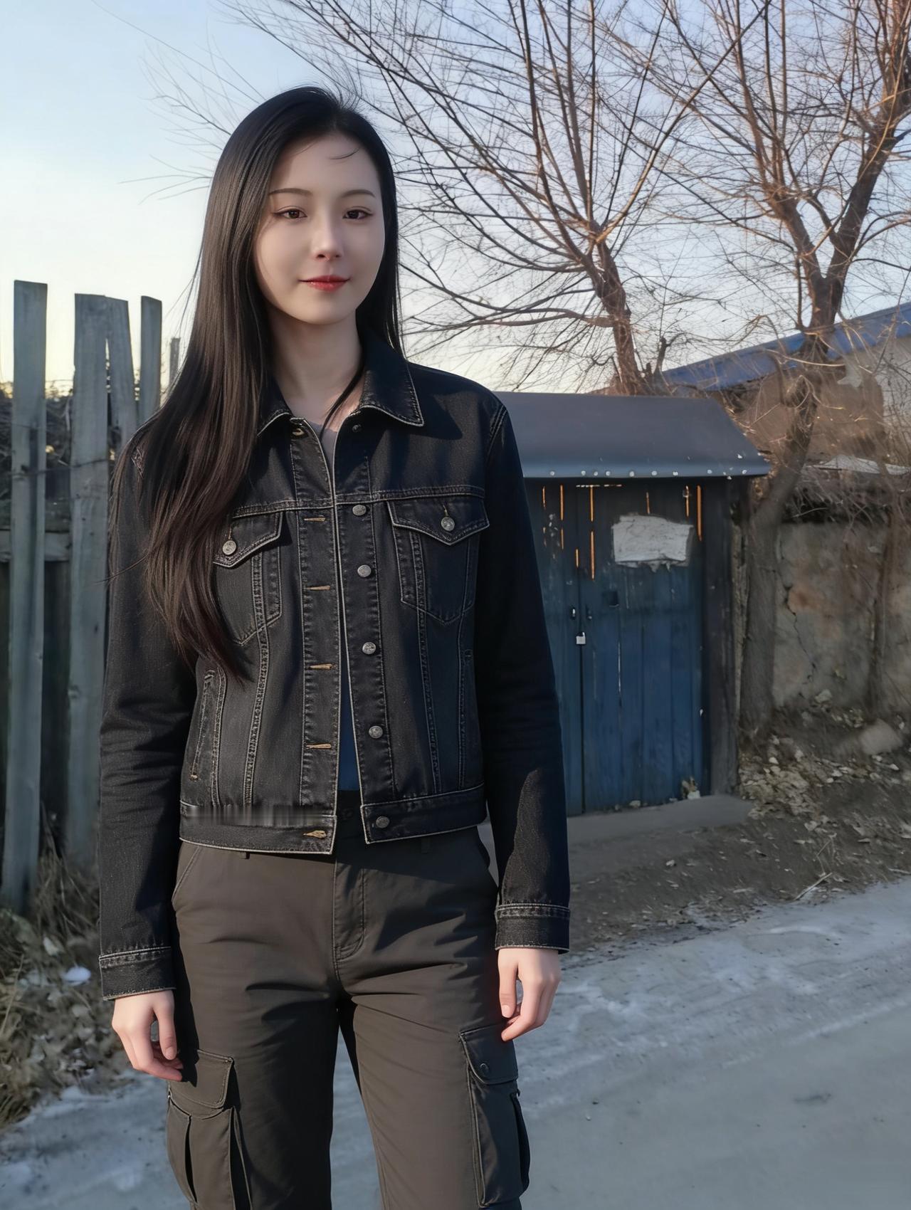 风掠过枯树的枝桠把寒意揉进灰蓝的天光她站在木栅栏前黑牛仔的硬挺裹着温柔发