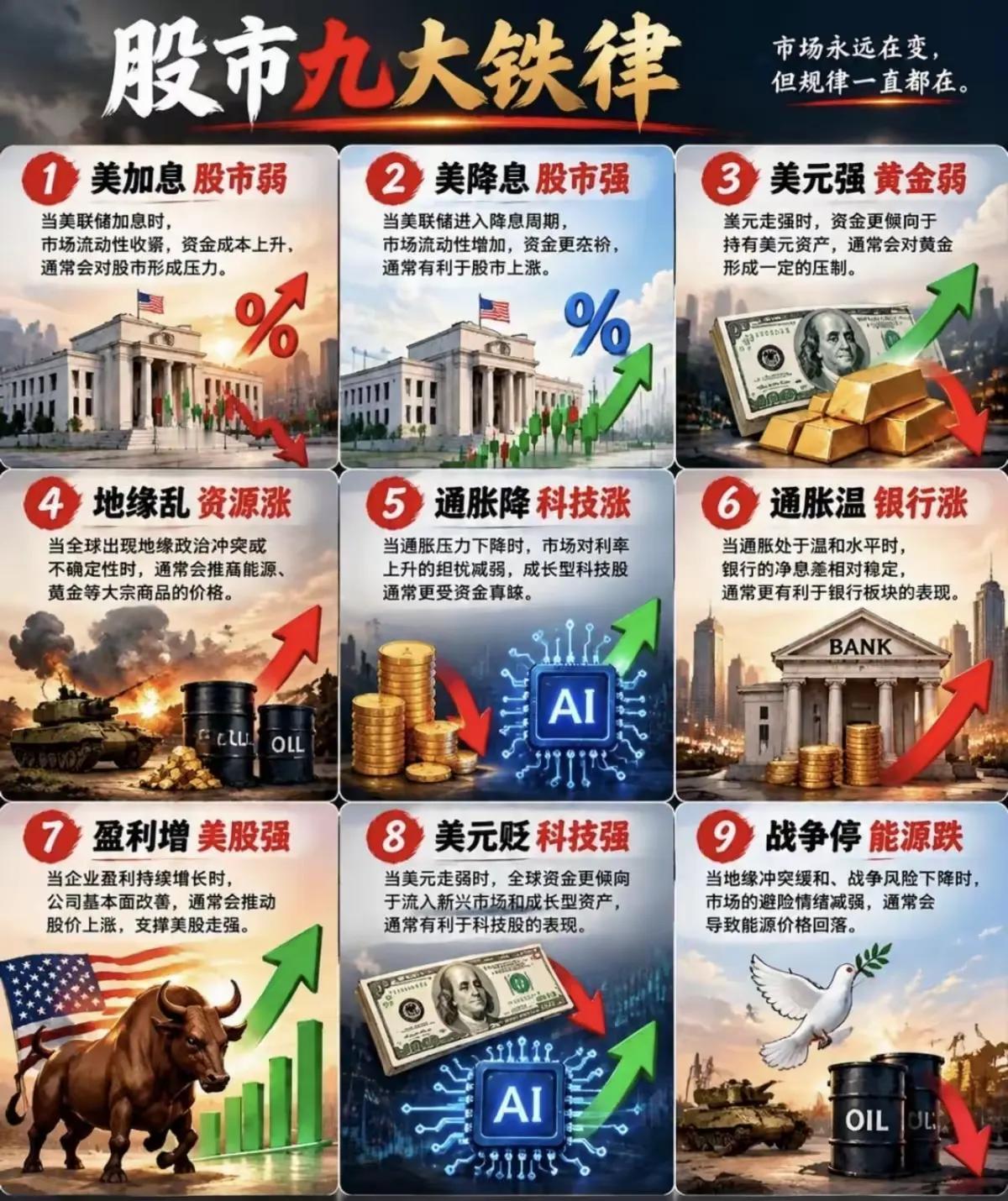 市场永远在变，但规律一直都在！一张图看懂【股市九大铁律】👇1️⃣美加息→