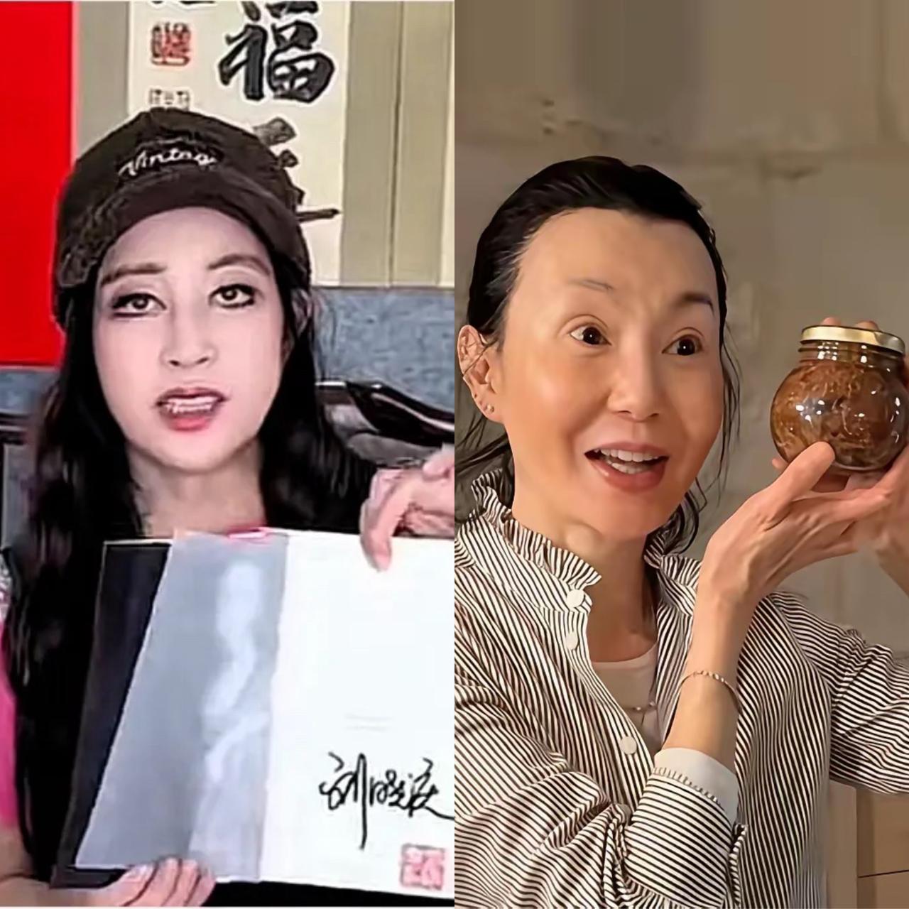 刘晓庆和张曼玉同框，你觉得谁的状态更好。刘晓庆头戴毛绒帽子，画着烟熏妆，戴着假