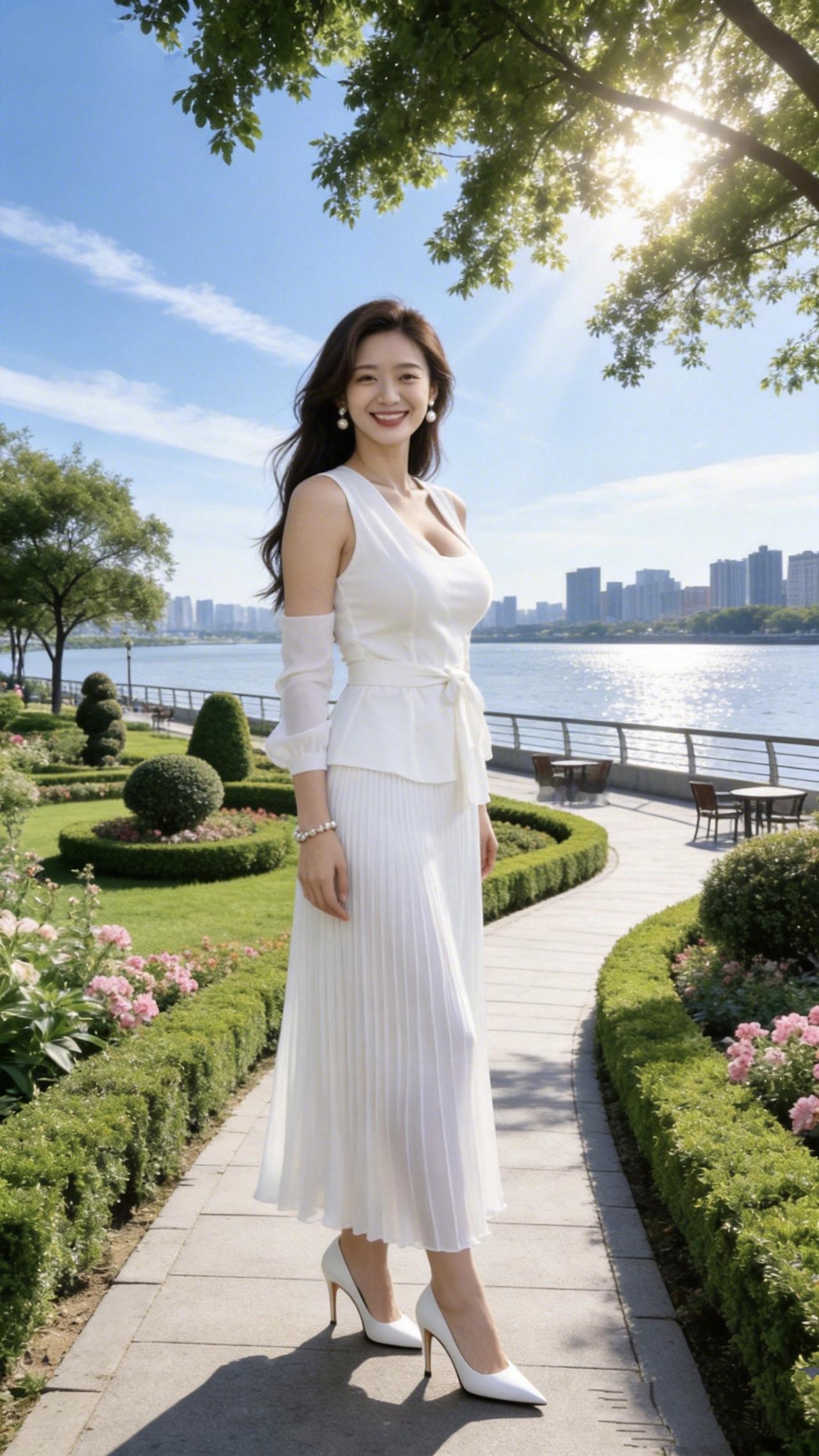 《江风与白裙》晴光漫过江波，碎成满河星子风掀动发梢，吻过耳际的珍珠白裙