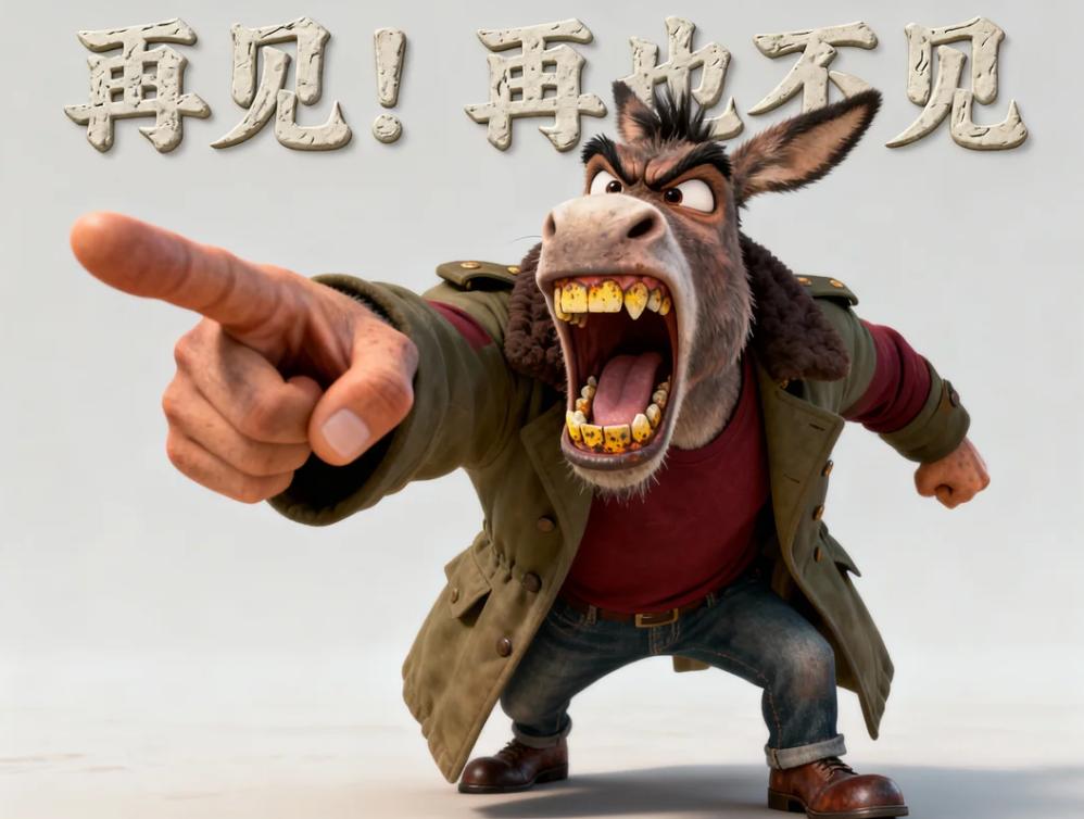 再见，再也不见。AI提示词：一隻擬人化的老毛驴，全身中景镜头，頭部前傾，正