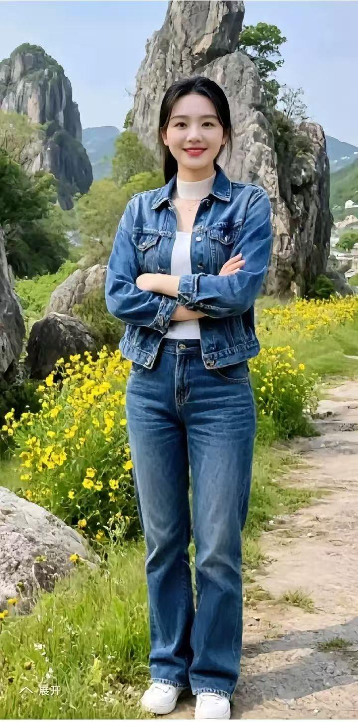 黄花旁姑娘黄花烂漫映韶光，牛仔佳人意韵长。双手抱拳姿洒脱，风光入画韵流芳