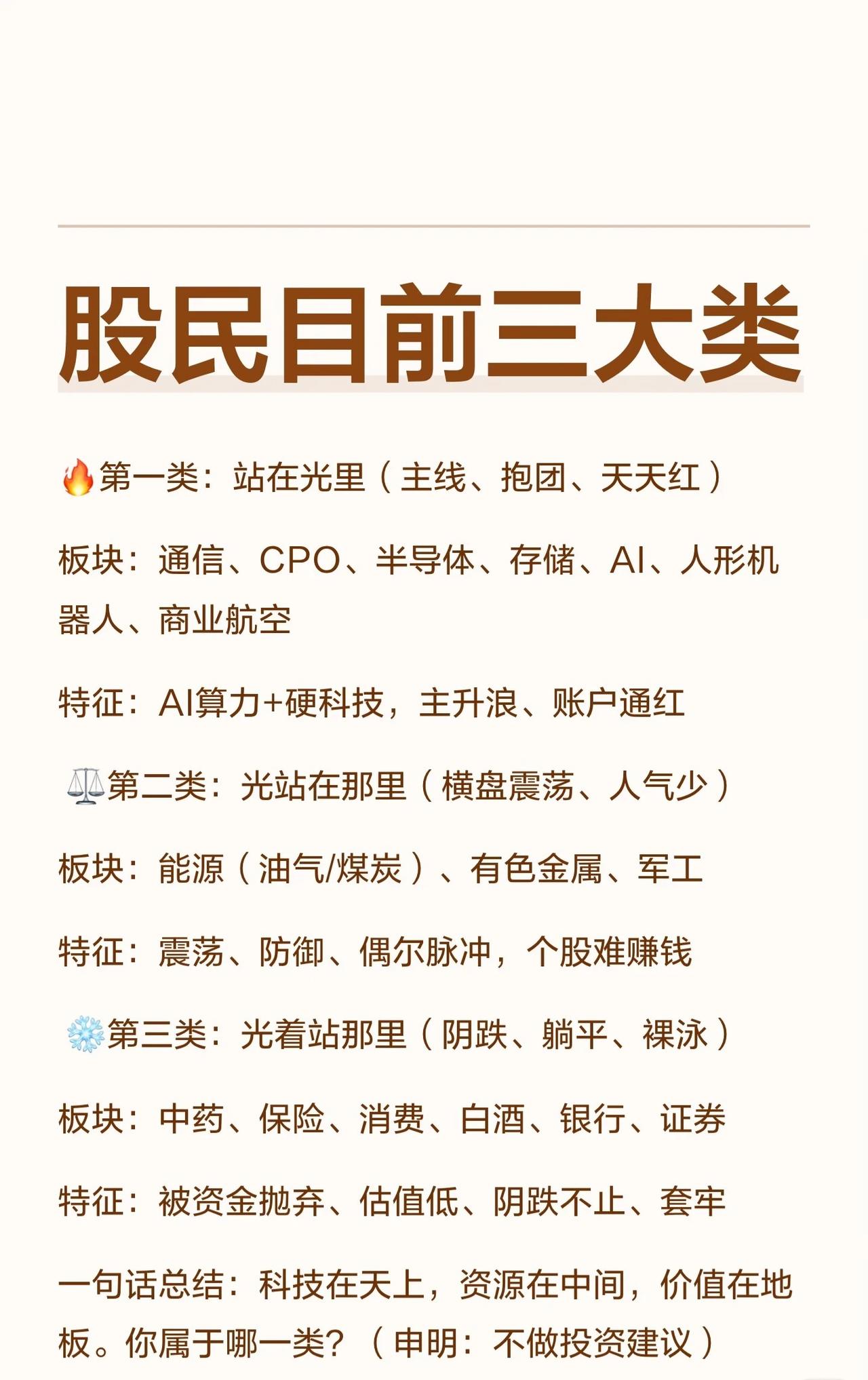 股民目前三大类🔥第一类：站在光里（主线、抱团、天天红）所属板块：通信