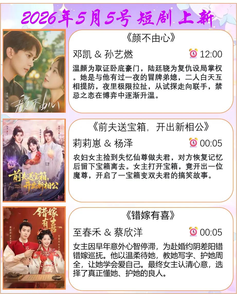 🔥📺5月5日短剧上新预告✨🔥《颜不由心》💖主演：邓凯&孙艺燃