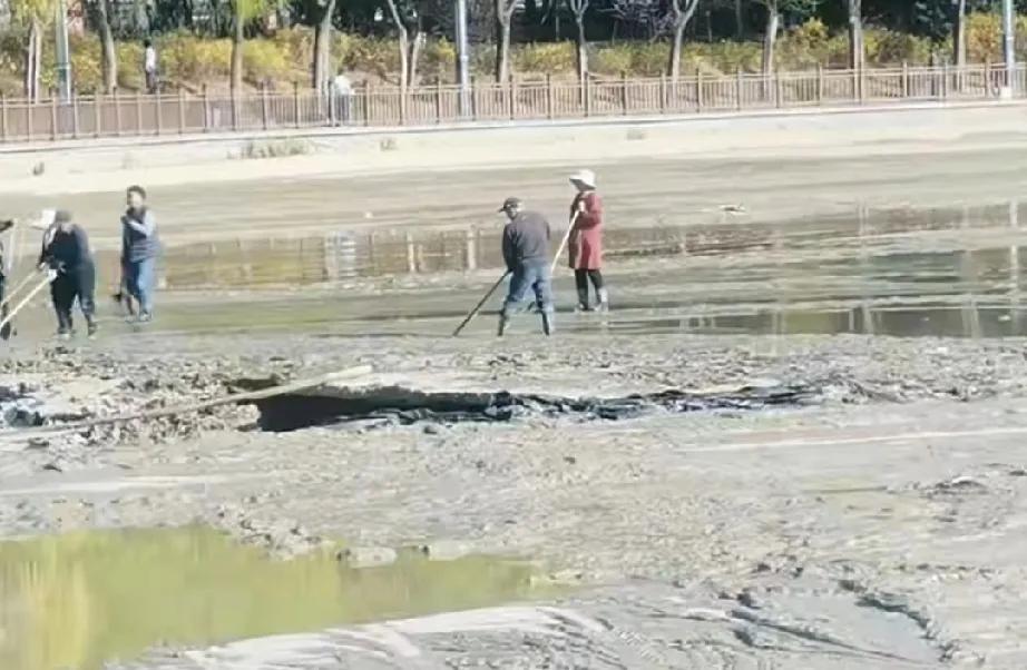 近日，河南洛阳洛龙区兴洛湖公园发生湖底塌方事件，湖水几近干涸，引发市民关注。洛龙