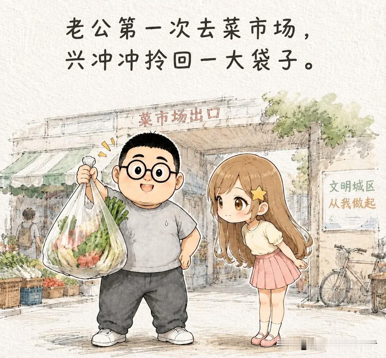 趣味漫画：老公第一次去菜市场，兴冲冲拎回一大袋子。老婆检查完，脸黑了：「排骨买成