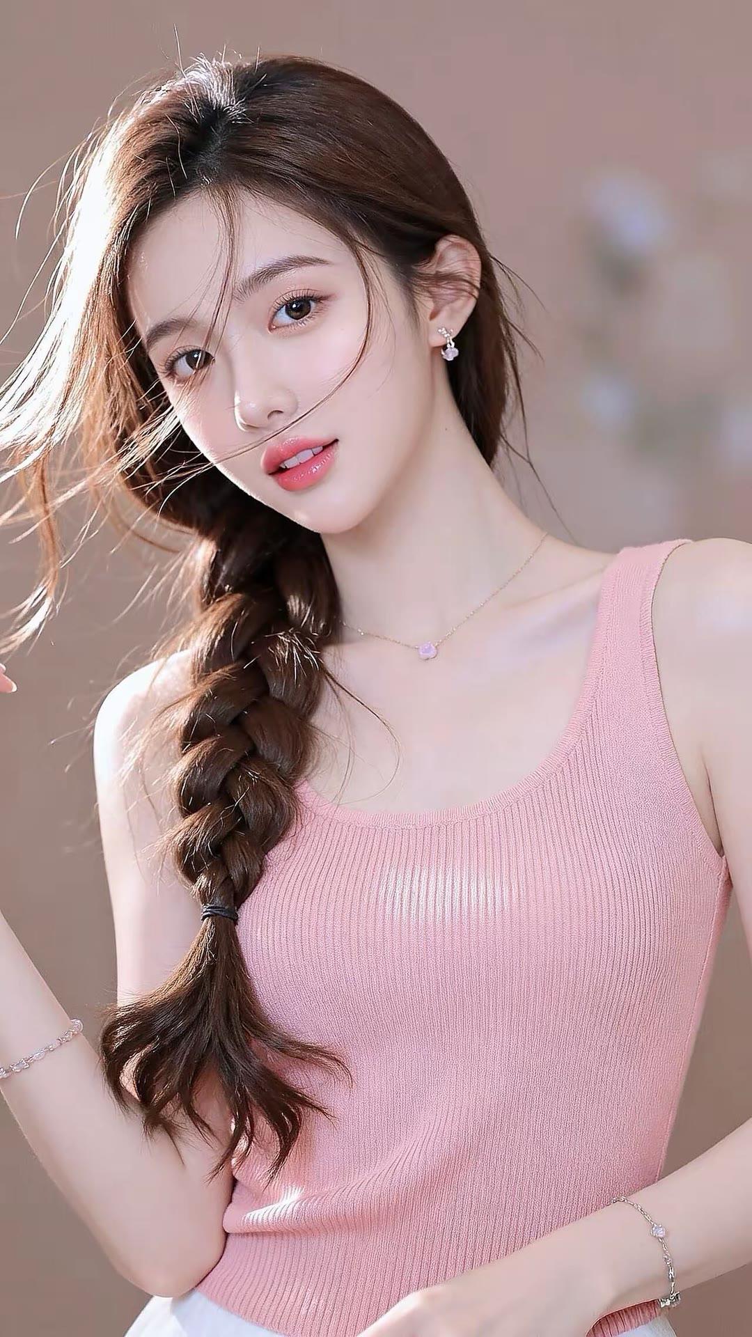 甜美少女风，粉色吊带衫，编发造型，清新自然