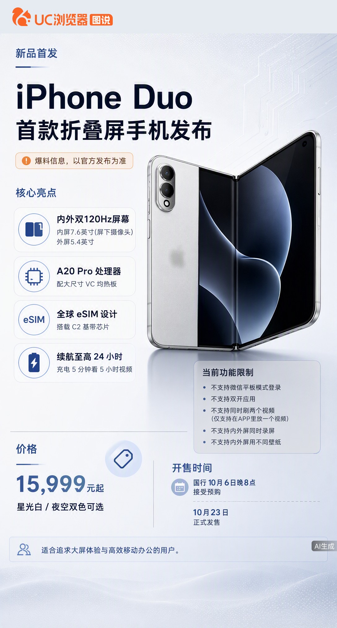 苹果折叠屏iPhoneDuo定价15999元起，但据影视飓风Tim分享，目前不支持微信平板模式，无法