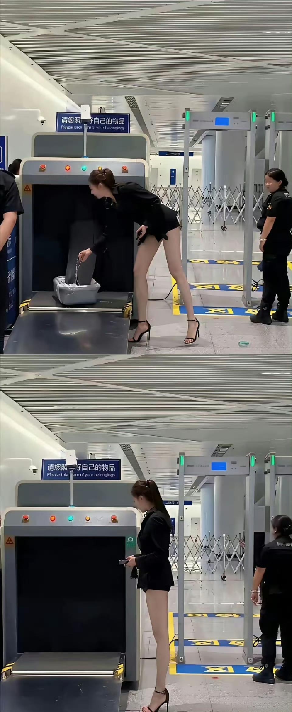 过安检的长腿高跟美女，这腿堪称完美！