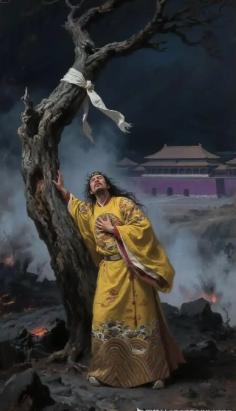 1644年，李自成攻破北京城，崇祯皇帝在煤山自缢前，咬破手指写下血书，对着身边