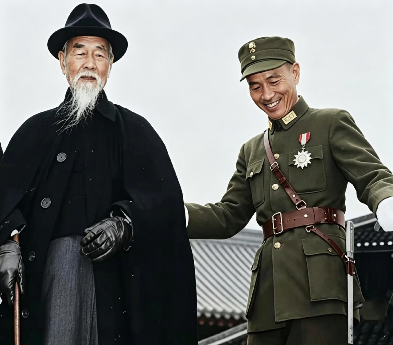 1943年重庆，蒋介石搀着林森。谁也没想到，才过三个月，林老坐车出事，没多久就走
